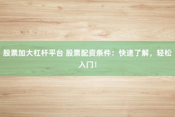 股票加大杠杆平台 股票配资条件：快速了解，轻松入门！